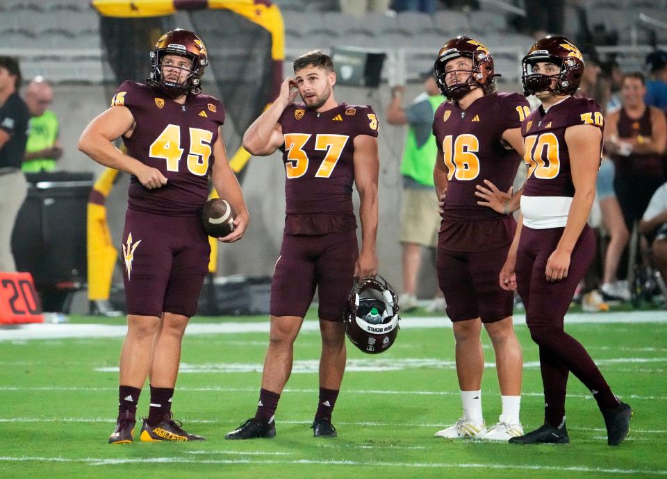 Arizona State Sun Devils long snapper Slater Zellers (45) during the pregame warmup before playing the USC Trojans at Mountain America Stadium in Tempe on Sept. 23, 2023.
