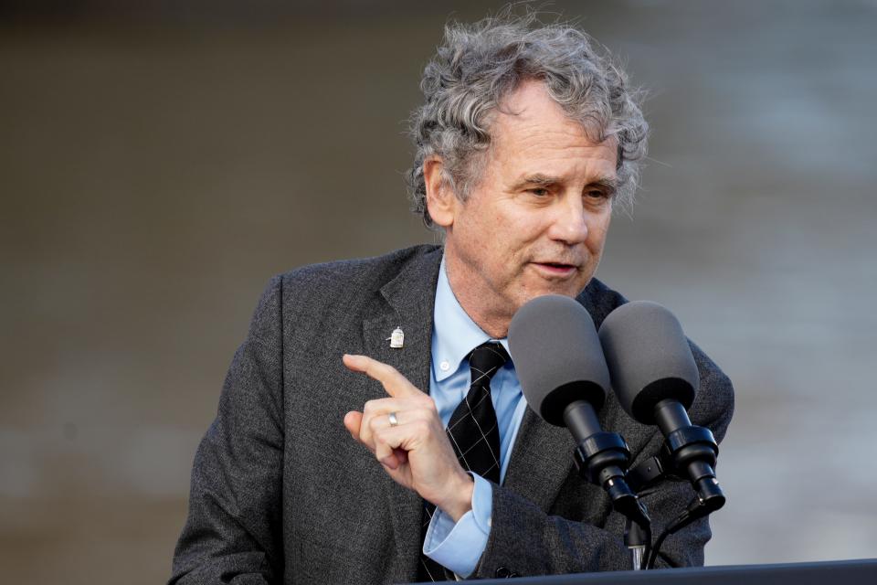 Sen. Sherrod Brown speaks during an event on Jan. 4 about the bipartisan infrastructure law, which will help fund the Brent Spence Bridge project.