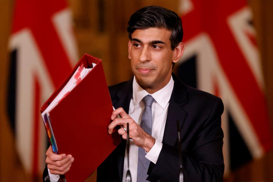 LONDON, ENGLAND - MARCH 03: Chancellor Rishi Sunak holds press conference on 2021 Budget on March 3, 2021 in London, England. The Chancellor, Rishi Sunak, presented his second budget to the House of Commons. He has pledged to protect jobs and livelihoods as the UK economy has faced crisis during the Coronavirus Pandemic.  (Photo by Tolga Akmen - WPA Pool/Getty Images)