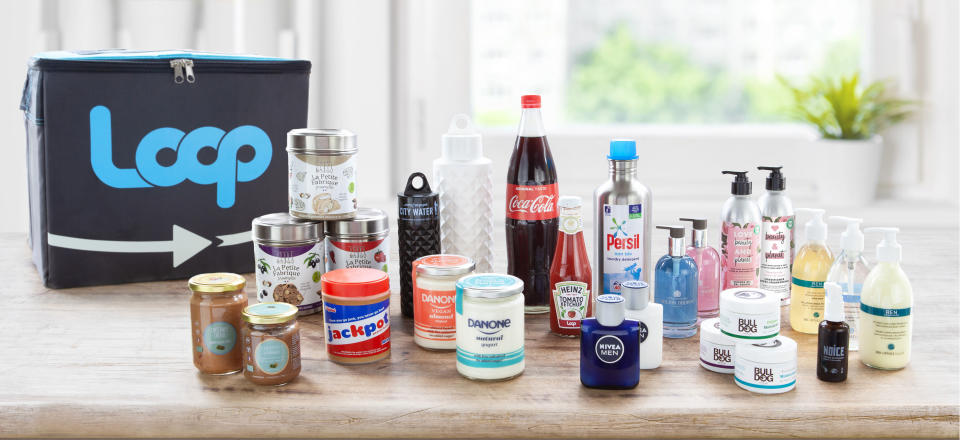 Undated handout photo issued by Loop of some of the brands that already or will soon have products in fully reusable packaging which can be returned, cleaned and refilled through the scheme. A zero-waste shopping service is launching in the UK to allow people to buy products from laundry detergent to ketchup in refillable packaging.