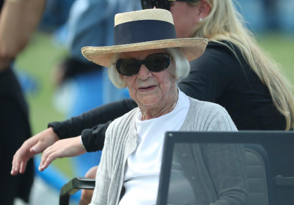 Lions owner emeritus Martha Firestone Ford on the field  at the end of training camp on Wednesday, Aug. 02, 2023, in Allen Park.