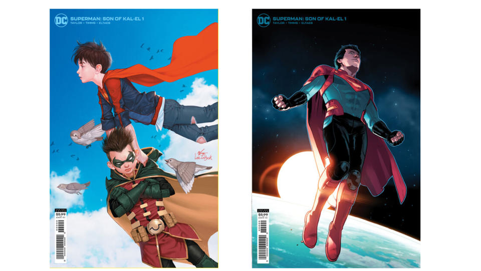 Another pair of variant covers for Superman: Son of Kal-El show him as Superboy with Robin in tow, as well as his teenage incarnation. 