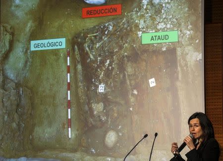 Forensic anthropologist Almudena Garcia speaks about the search of the remains of Spanish writer Miguel de Cervantes, in front of a picture of its probable location, in Madrid March 17, 2015. REUTERS/Andrea Comas