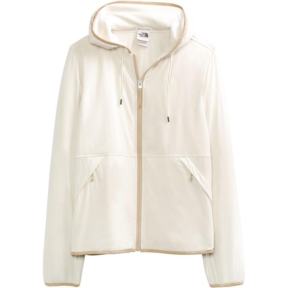 Cream jacket with tan trim.