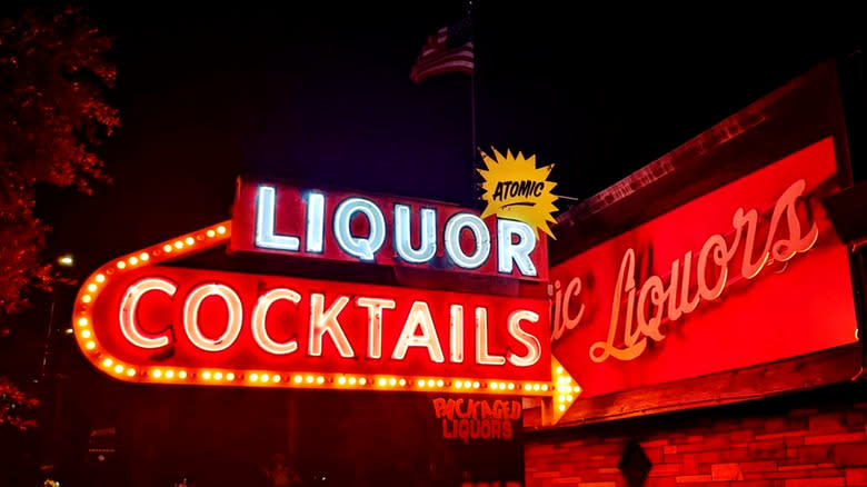 Neon sign outside Atomic Liquors