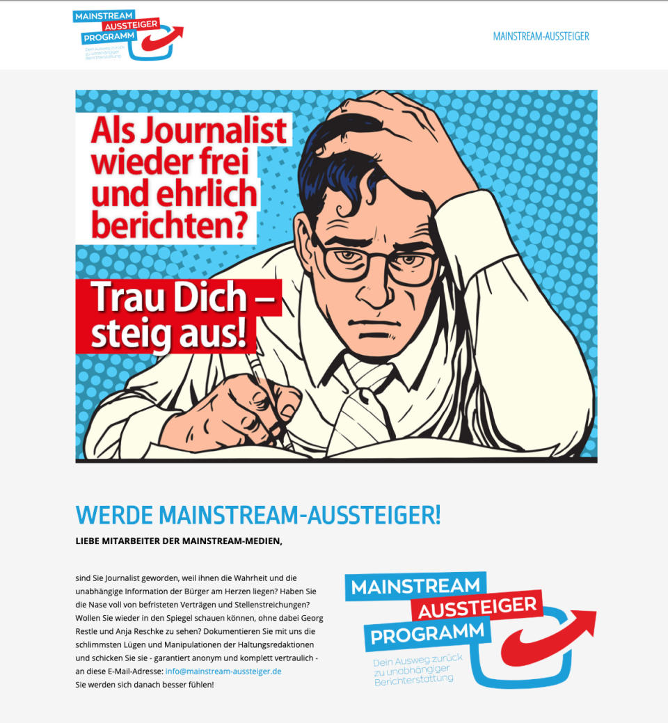 Die Startseite des AfD-"Aussteigerprogramms" für Journalisten (Screenshot: mainstream-aussteiger.de)