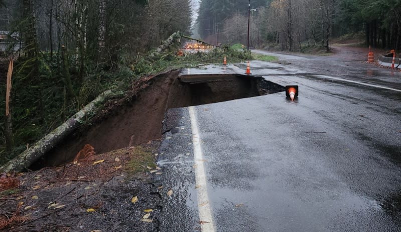 SR503 near Cougar, Washington was closed from water over the roadway and damage underneath, December 5, 2023 (WSDOT)