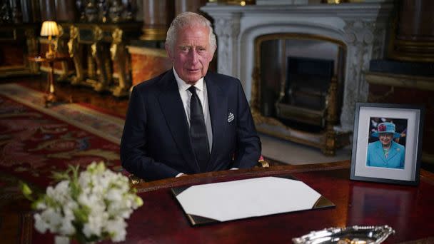 PHOTO: Britain's King Charles III makes a televised address to the Nation and the Commonwealth from the Blue Drawing Room at Buckingham Palace in London on Sept. 9, 2022, a day after Queen Elizabeth II died at the age of 96. (Yui Mok/POOL/AFP via Getty Images)