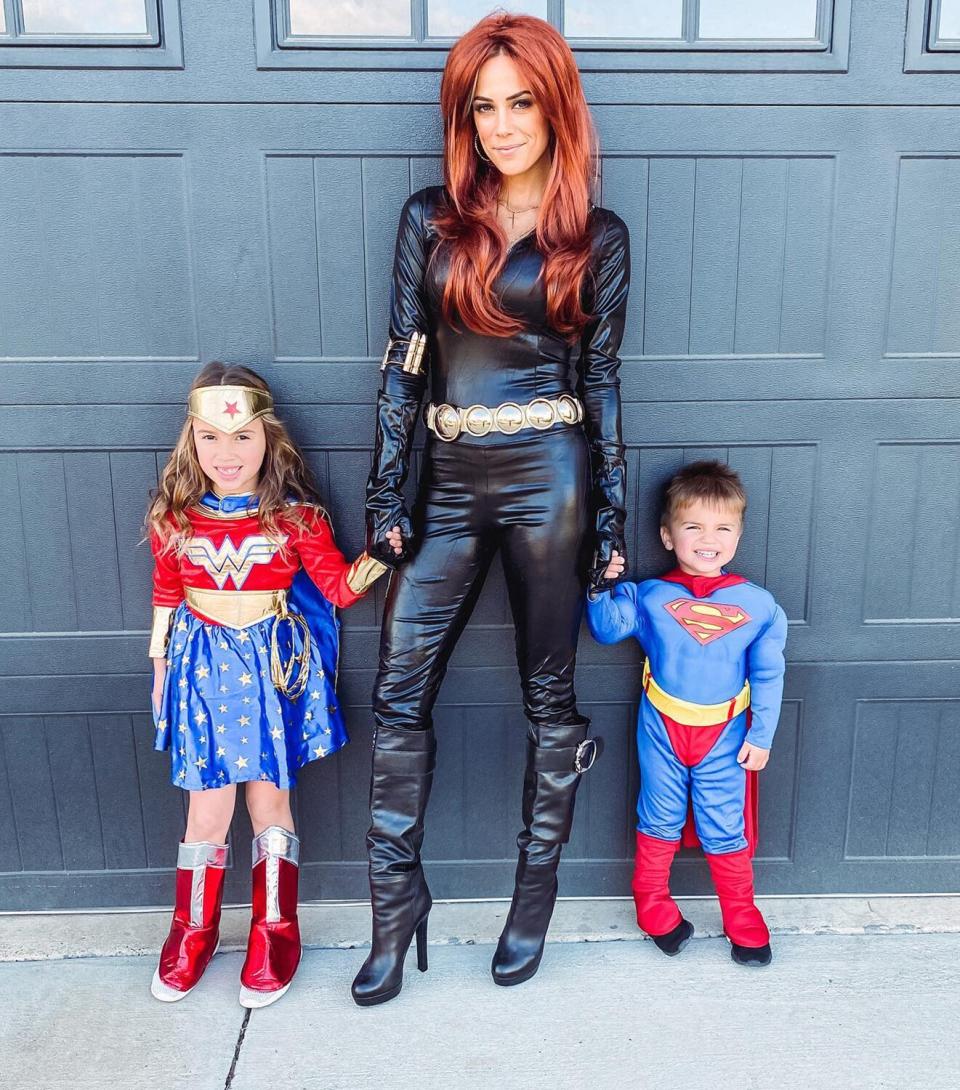 Celeb family Halloween costumes 2021 Jana Kramer and Kids in Superhero Costumes