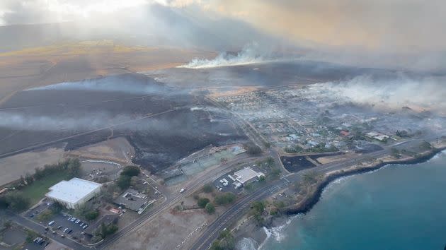 An aerial view of burned areas in Maui, Hawaii, on Aug. 9 in this screenshot taken from a social media video.