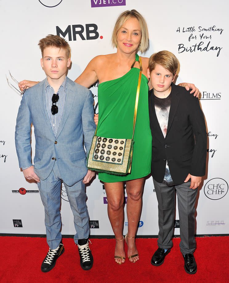 Roan Joseph Bronstein, Sharon Stone and Laird Vonne Stone attend the premiere of Penny Black Promotions' 