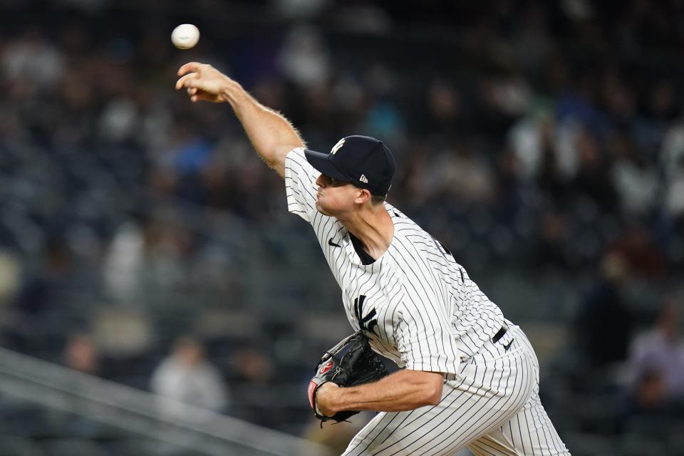 New York Yankees' Clay Holmes pitches to a Baltimore Orioles batter during the ninth inning of a baseball game Wednesday, May 25, 2022, in New York. The Yankees won 2-0. (AP Photo/Frank Franklin II)
