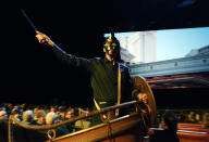 Chris Aronson, president of domestic theatrical distribution for Paramount Pictures, arrives via chariot to the Paramount Pictures presentation at CinemaCon 2024, Thursday, April 11, 2024, at Caesars Palace in Las Vegas. The studio is releasing "Gladiator 2" later in the year. (AP Photo/Chris Pizzello)