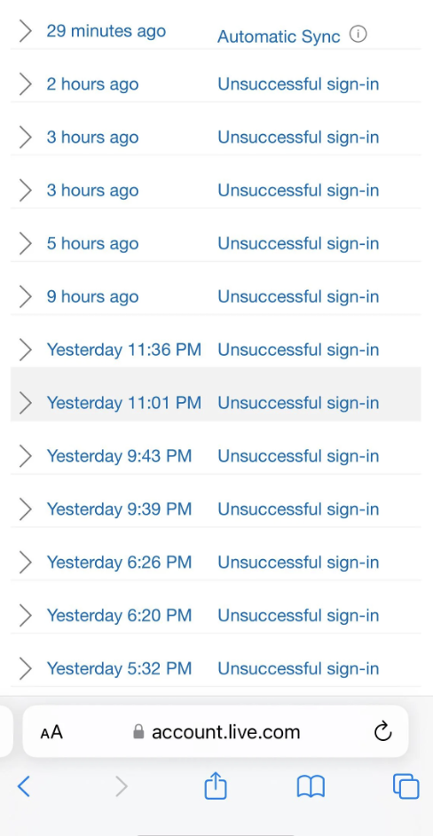 Screenshot of a device security log showing multiple unsuccessful sign-in attempts