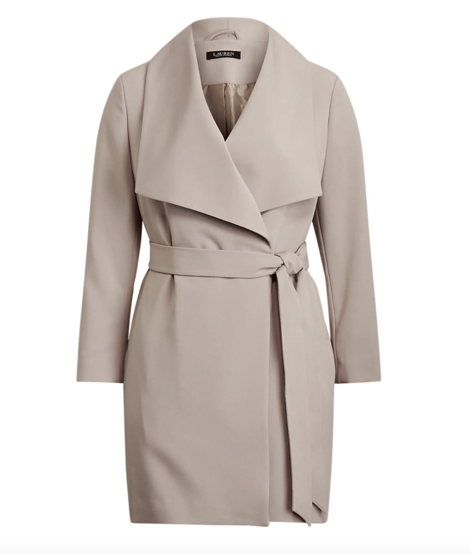 Lauren Ralph Lauren Belted Drape Front Crepe Coat in light beige