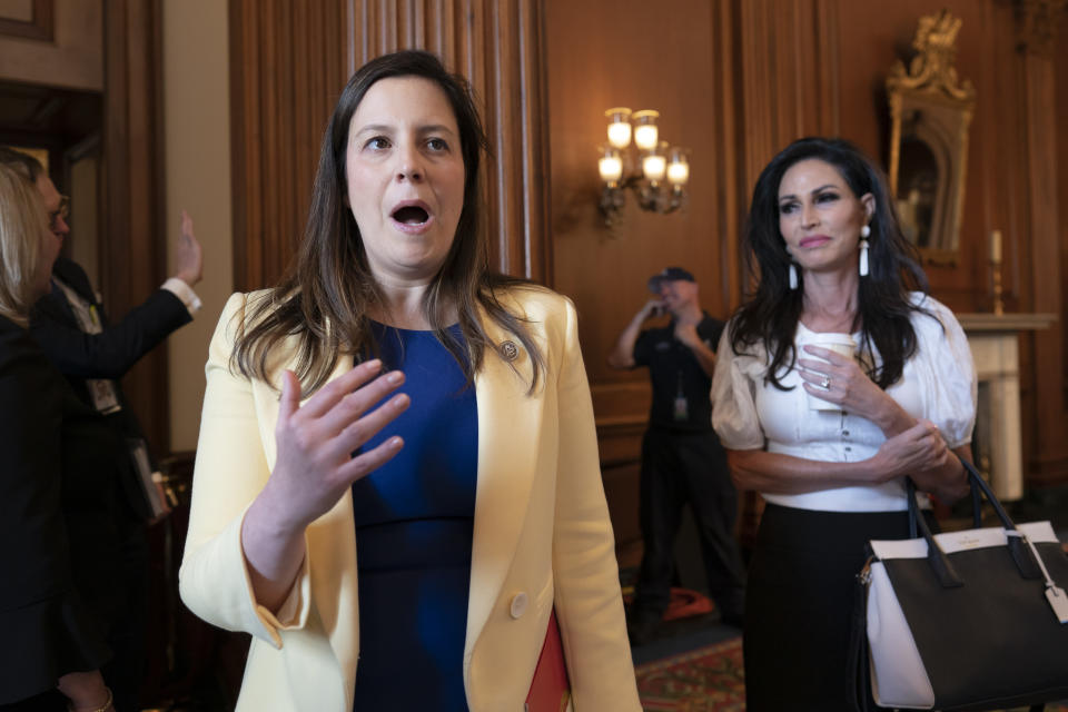 House Republican Conference Chair Elise Stefanik, R-N.Y., left, joined at right by Penny Nance, president of Concerned Women for America, joins GOP women members before the vote to prohibit transgender women and girls from playing on sports teams that match their gender identity, at the Capitol in Washington, Thursday, April 20, 2023. The Republican-led House was expected to vote Thursday to bar schools and colleges that receive federal money from allowing transgender athletes whose biological sex assigned at birth was male from competing on girls or women's sports teams or athletic events. (AP Photo/J. Scott Applewhite)