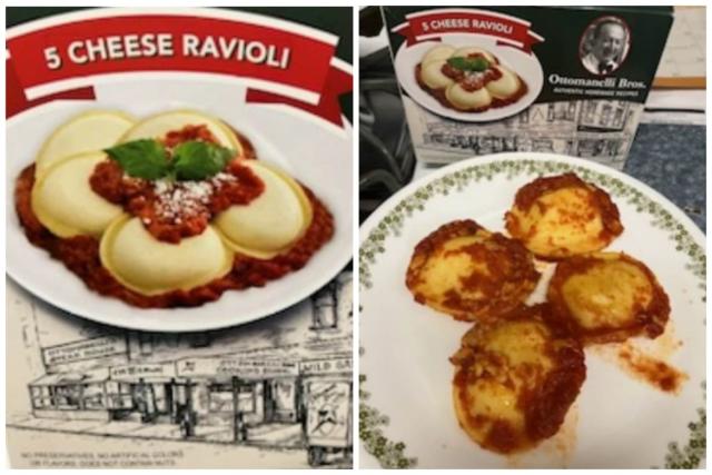 A side-by-side view of the Ottomanelli ravioli packaging next to a prepared plate of it, showing just four ravioli.