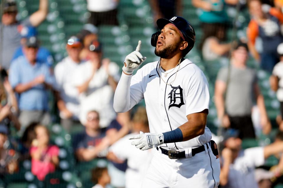 Detroit Tigers right fielder Victor Reyes (22) celebrates after he hits a home run in the ninth inning at Comerica Park in Detroit on Saturday, July 2, 2022.