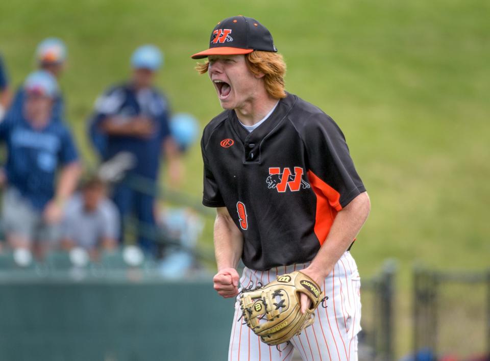 Washington pitcher Easton Harris reacts after striking out the final batter in the Class 3A state baseball third-place game Saturday, June 11, 2022 at Duly Health & Care Field in Joliet. The Panthers defeated Crystal Lake South 2-1.