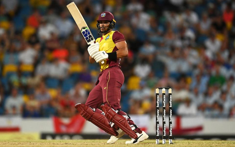 Brandon King of West Indies plays a shot during the T20 International Series First T20I match between West Indies and England at Kensington Oval on January 22, 2022 in Bridgetown, Barbados  - GETTY IMAGES