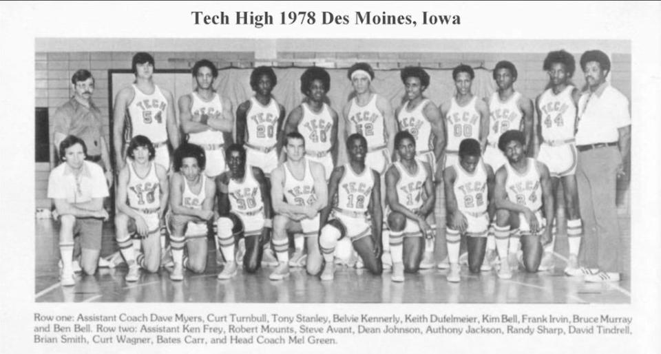 Team photo for the 1978 Tech High boys basketball team, led by Mel Green (far right).