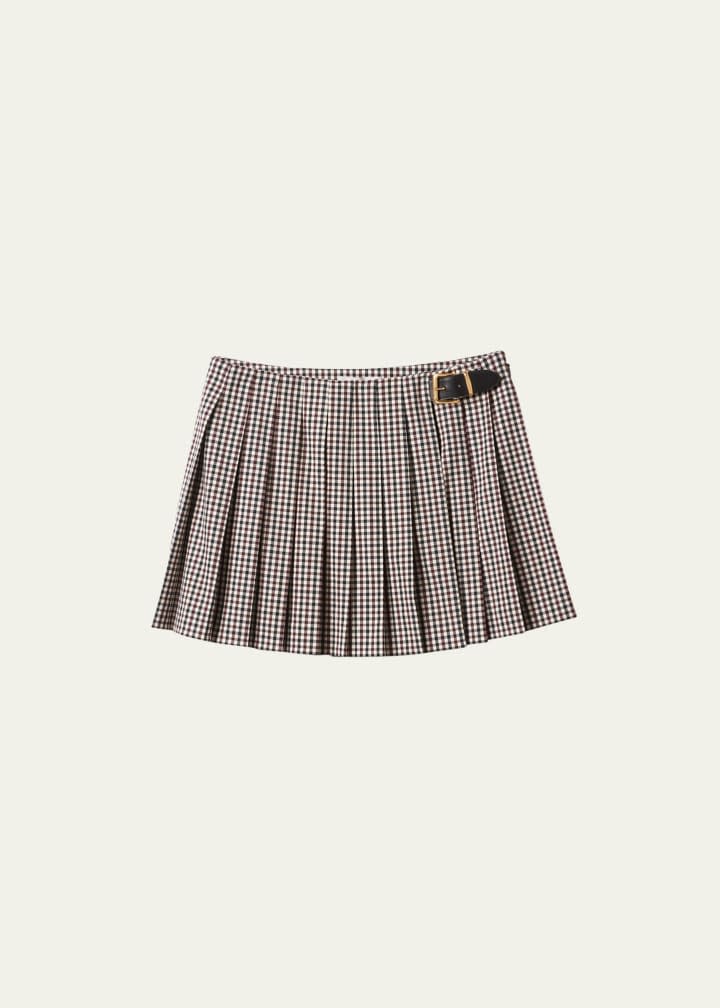 Logo-Emboidered Pleated Gingham Check Mini Skirt