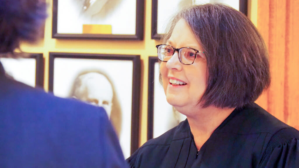 Kansas Supreme Court Chief Justice Marla Luckert delivered the annual State of the Judiciary speech Monday to members of the 2024 Kansas Legislature. Afterward, she chatted with several people outside the Kansas House chamber