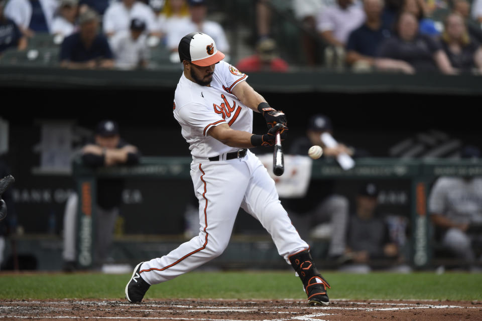 Baltimore Orioles' Anthony Santander connects for a single against the New York Yankees in the third inning of a baseball game Thursday, Sept. 16, 2021, in Baltimore. (AP Photo/Gail Burton)