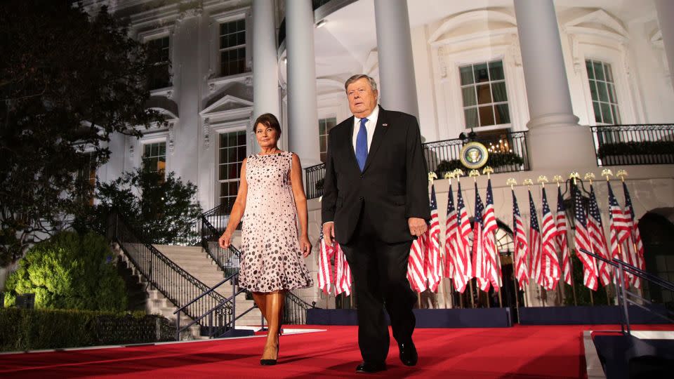 Amalija Knavs and Viktor Knavs arrive to listen to President Donald Trump's acceptance speech for the Republican presidential nomination on the South Lawn of the White House August 27, 2020 in Washington, DC. - Alex Wong/Getty Images