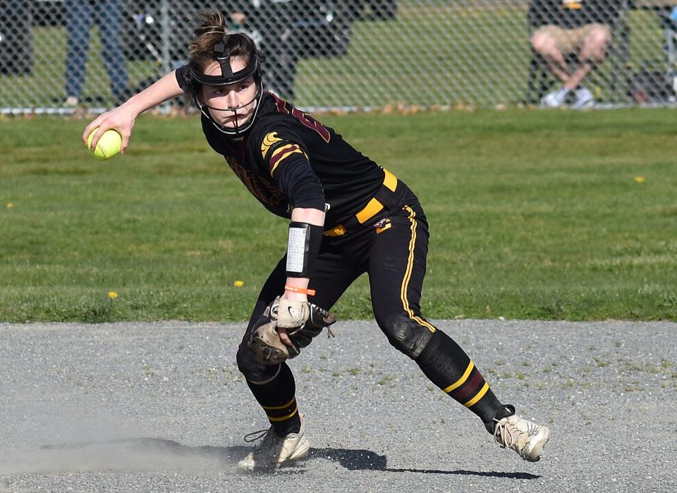 Case's Lily Picard throws to first during Friday's game at Case April 26 2024.