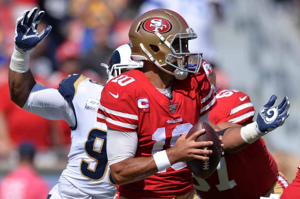 San Francisco 49ers quarterback Jimmy Garoppolo has thrown an interception in all four of his home games this season. (Orlando Ramirez/USA TODAY Sports)