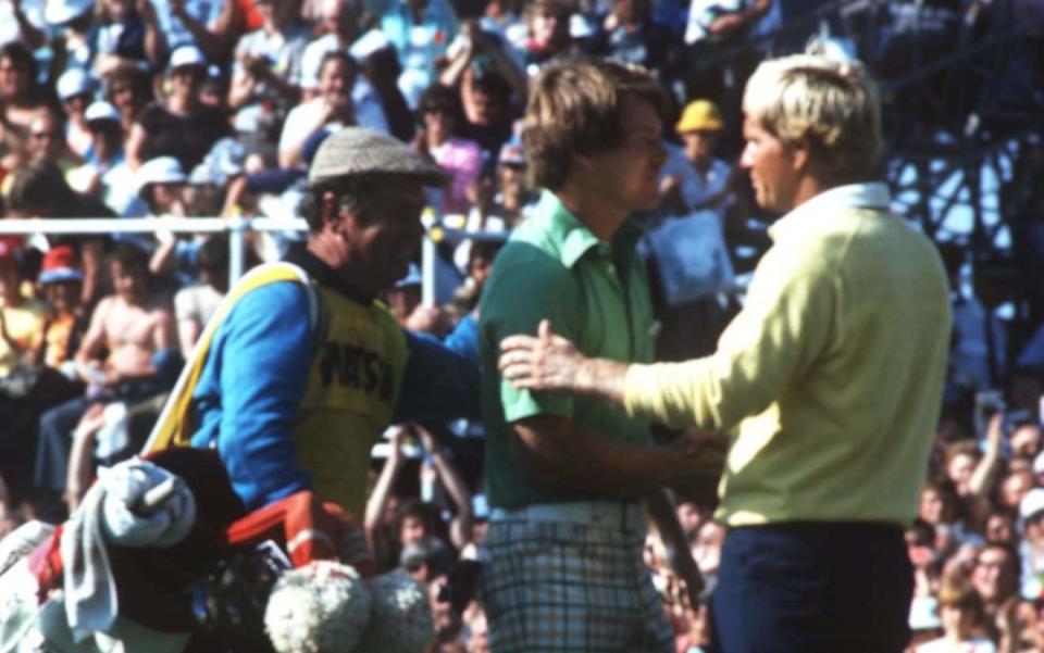 Tom Watson and Jack Nicklaus at Turnberry in 1977 - GETTY IMAGES