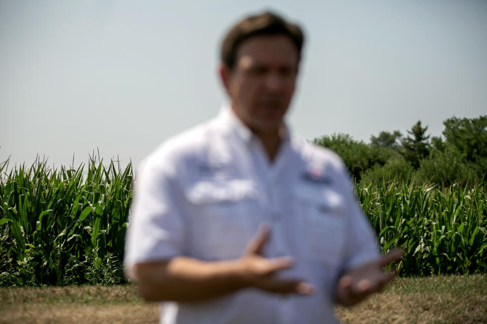 Image: Fla. Gov. Ron DeSantis speaks at a campaign event in Vinton, Iowa, on Aug. 5, 2023. (Maddie McGarvey for NBC News)