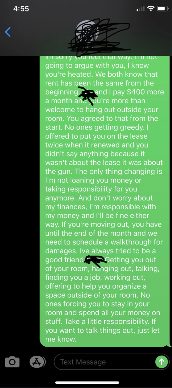 Text exchange about a bad roomie owing a good roomie money, late on payments because he's unemployed, late on rent payment, good roomie making peace with him, part five