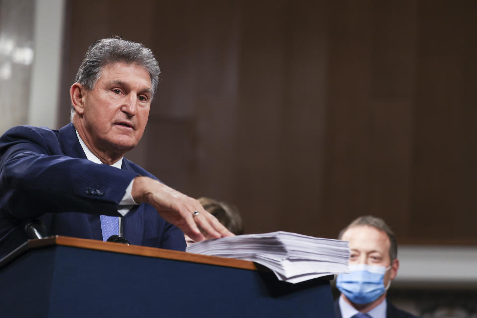 WASHINGTON, DC - DECEMBER 14: Sen. Joe Manchin (D-WV) speaks alongside a bipartisan group of Democrat and Republican members of Congress as they announce a proposal for a Covid-19 relief bill on Capitol Hill on December 14, 2020 in Washington, DC. Lawmakers from both chambers released a $908 billion package Monday, split into two bills. (Photo by Tasos Katopodis/Getty Images)