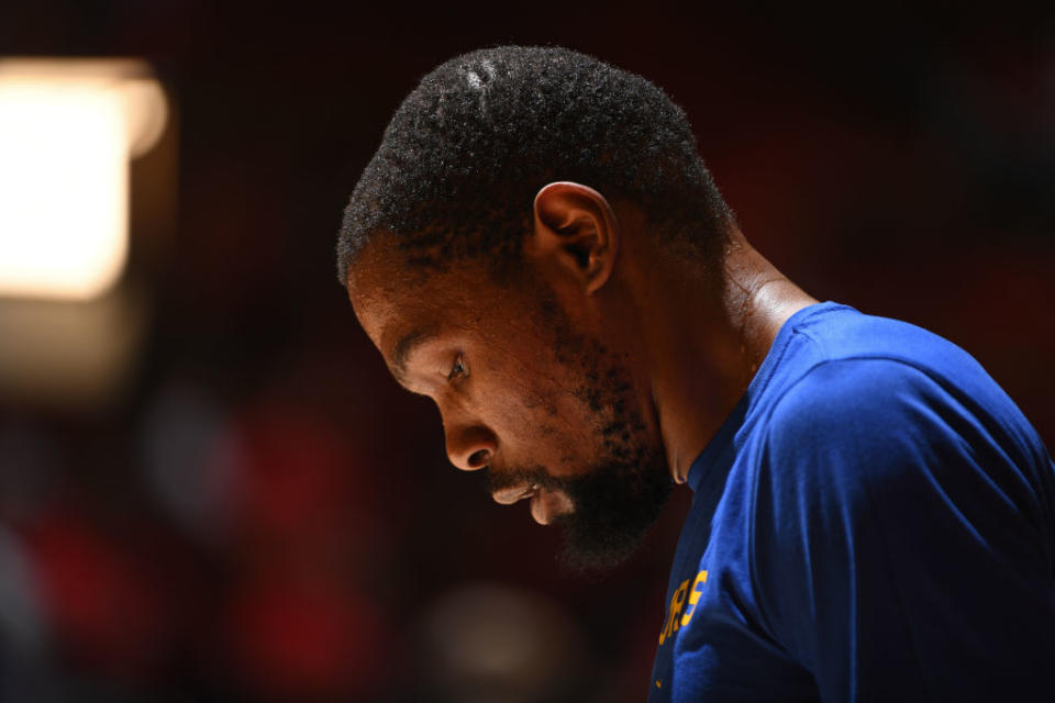 Warriors superstar Kevin Durant will try to defy the odds of Achilles injuries. (Getty Images)