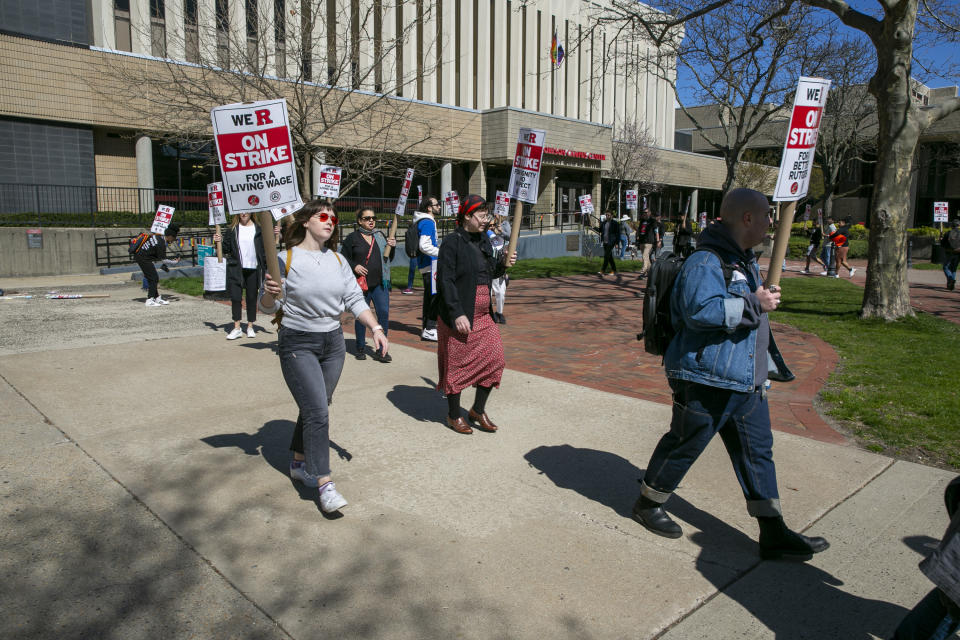 Professors, part-time lecturers, and graduate students strike at Rutgers University in Newark, N.J., Monday, April 10, 2023. (AP Photo/Ted Shaffrey)