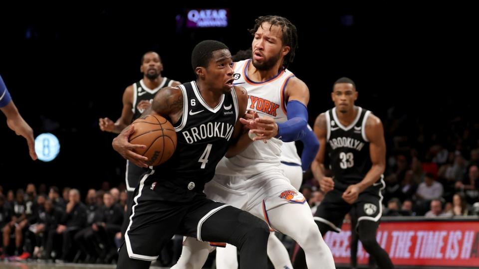 Brooklyn Nets guard Edmond Sumner (4) drives to the basket against New York Knicks guard Jalen Brunson (11) during the third quarter at Barclays Center.