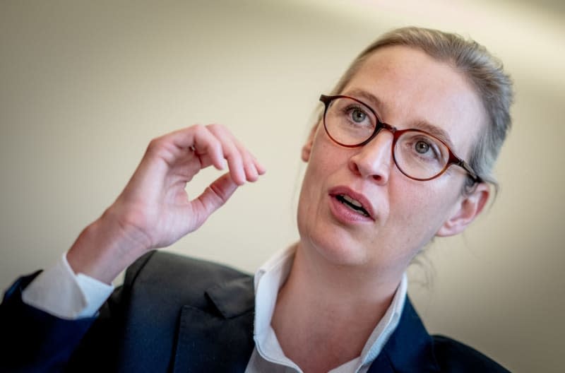 Co-leader of the far-right Alternative for Germany (AfD) party Alice Weidel speaks during an interview in her office in the German Bundestag. The co-leader of the far-right Alternative for Germany (AfD) defended her party's stance toward Russia in a weekend interview with dpa, denying allegations that AfD politicians are too cozy with the Kremlin. Michael Kappeler/dpa