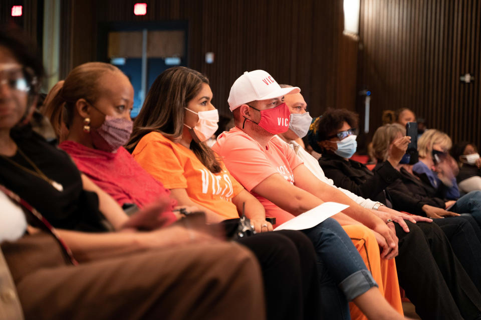 Image: Audience members in North High School's auditorium in Minneapolis on Oct. 12, 2021. (Drew Arrieta for NBC News)