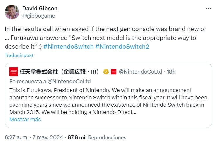 Shuntaro Furukawa considera que la nueva consola será más bien el modelo siguiente de Nintendo Switch (imagen vía Twitter, X)
