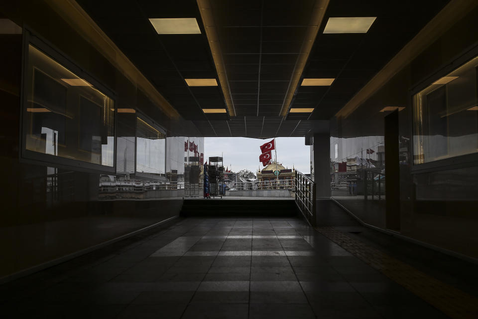 An underpass of the Eminonu market, an area usually packed with shop goers, but currently nearly deserted due to the strict lockdown to help curb the spread of the coronavirus, in Istanbul, Saturday, May 8, 2021. The "full lockdown," which began in late April and will last until May 17 came amid a huge surge in infections. (AP Photo/Emrah Gurel)