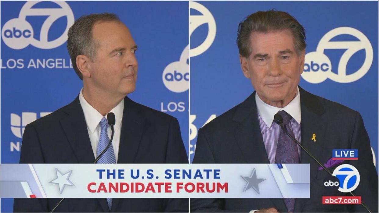 PHOTO: Rep. Adam Schiff and Steve Garvey stand on stage Tuesday at the U.S. Senate Candidates Forum hosted by ABC station KABC and the League of Women Voters of California. (KABC)