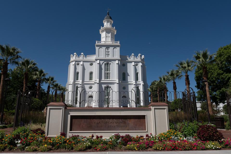 A street view of the front of the St. George Utah Temple of The Church of Jesus Christ of Latter-day Saints is pictured on Wednesday, Sept. 6, 2023, in St. George, Utah. | Nick Adams, for the Deseret News