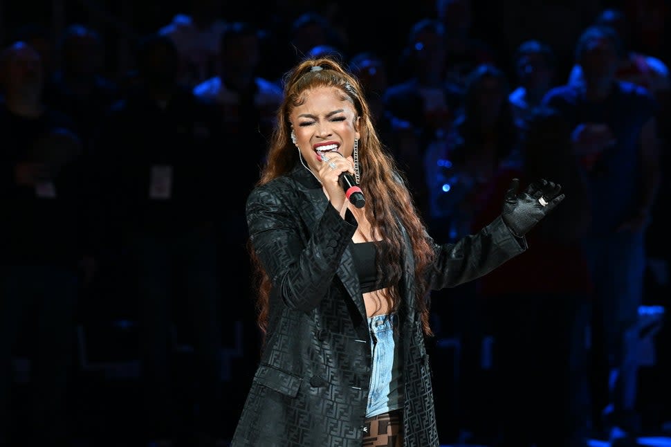 Drew Sidora performs during Game Six of the Eastern Conference First Round Playoffs between the Atlanta Hawks and the Boston Celtics at State Farm Arena on April 27, 2023