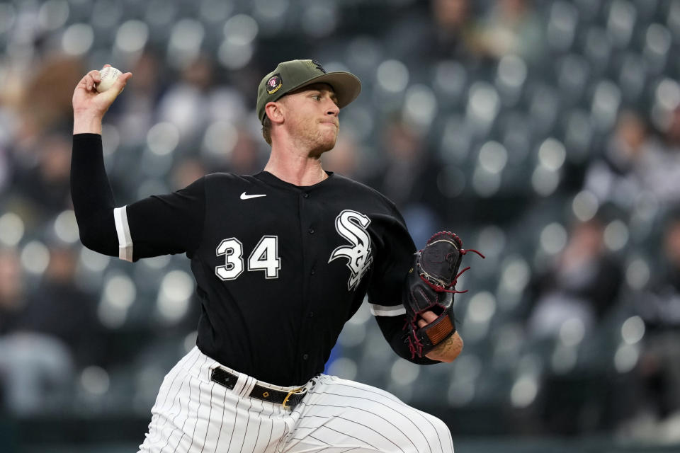 Chicago White Sox starting pitcher Michael Kopech delivers during the first inning of the team's baseball game against the Kansas City Royals on Friday, May 19, 2023, in Chicago. (AP Photo/Charles Rex Arbogast)