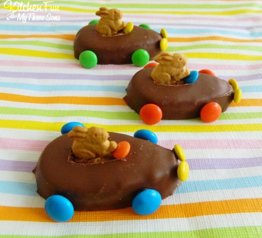 <p>Kitchen Fun With My 3 Sons</p><p>Beep beep... here comes the Easter Bunny ready to bring you lots of candy!</p><p><strong>Get the recipe: <a href="http://www.kitchenfunwithmy3sons.com/2013/03/easter-bunny-reeses-egg-cars.html" rel="nofollow noopener" target="_blank" data-ylk="slk:Easter Bunny Reese's Race Cars;elm:context_link;itc:0;sec:content-canvas" class="link rapid-noclick-resp">Easter Bunny Reese's Race Cars</a></strong></p>