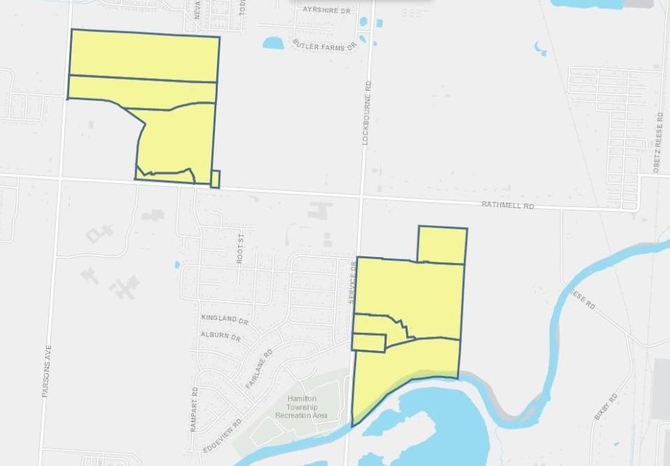 This map from the Franklin County Auditor's Office shows two proposed tax increment financing districts in the city of Obetz.