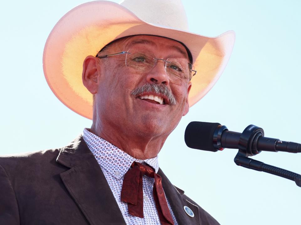 Mark Finchem, Republican nominee for Arizona secretary of state, at a campaign rally in October (Getty Images)