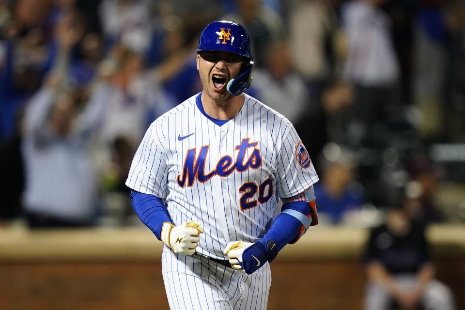 New York Mets' Pete Alonso celebrates after hitting a three-run home run against the Miami Marlins during the fourth inning of a baseball game Tuesday, Sept. 27, 2022, in New York. (AP Photo/Frank Franklin II)